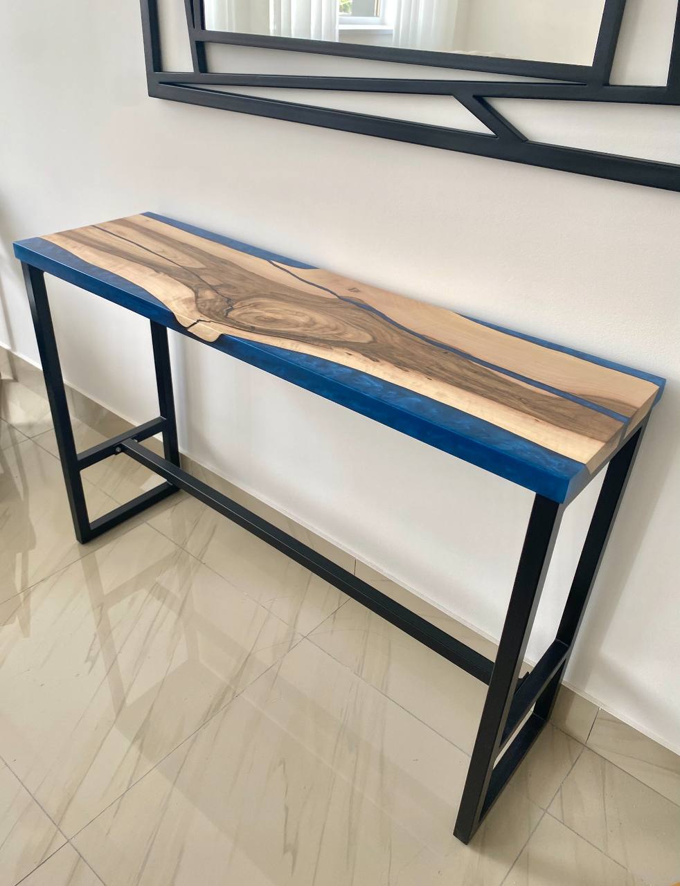 Walnut Console Table with Blue Epoxy River – Metal Base