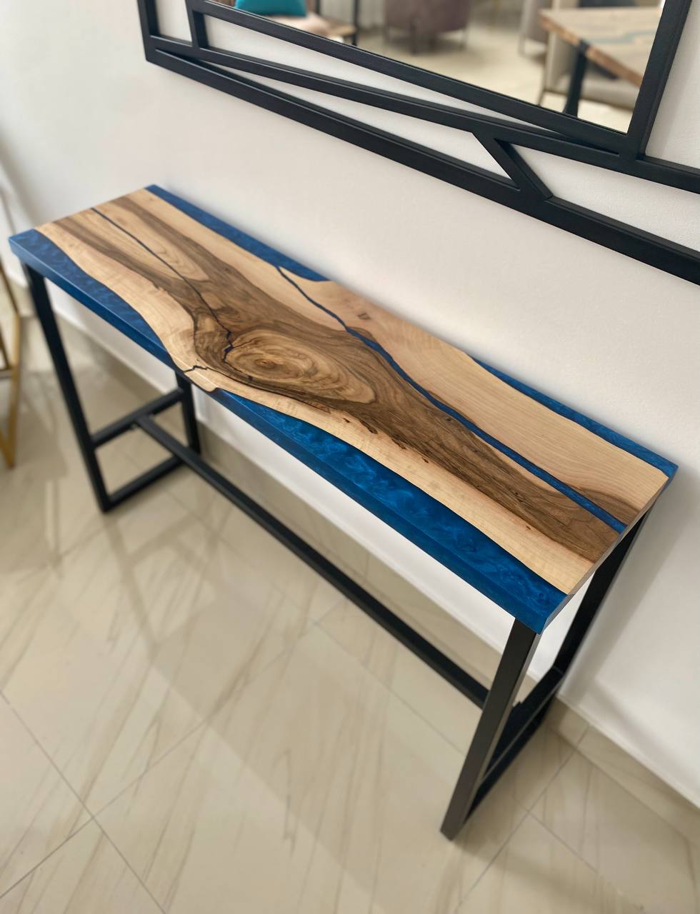 Walnut Console Table with Blue Epoxy River – Metal Base