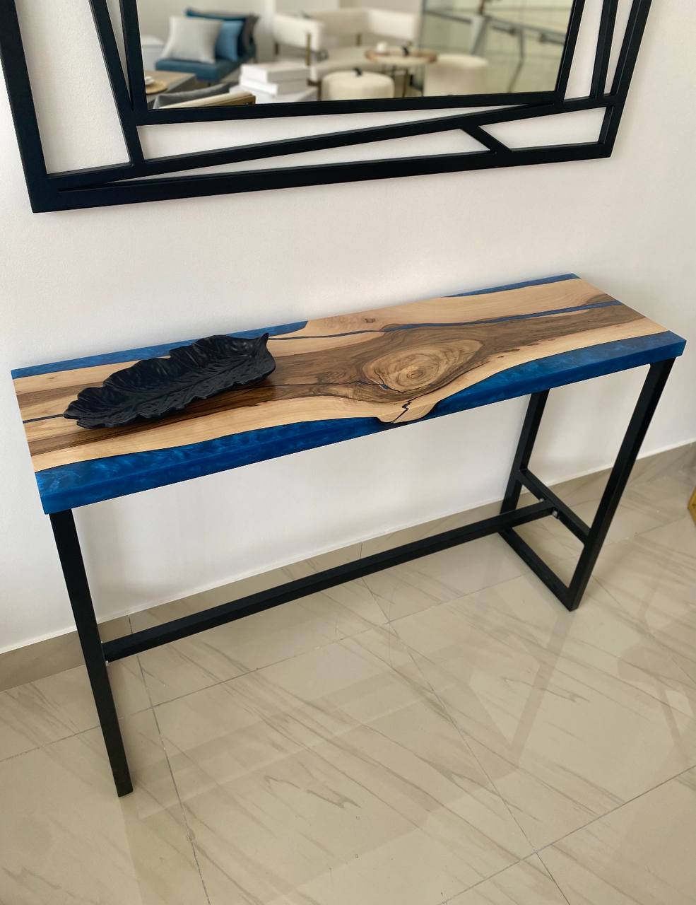 Walnut Console Table with Blue Epoxy River – Metal Base