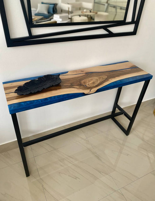 Walnut Console Table with Blue Epoxy River – Metal Base