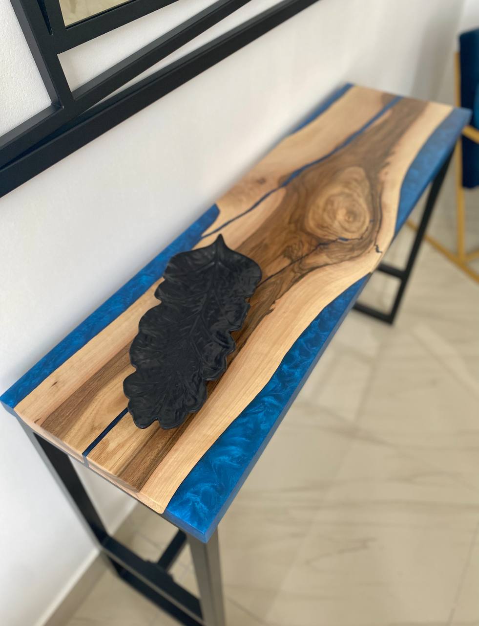 Walnut Console Table with Blue Epoxy River – Metal Base