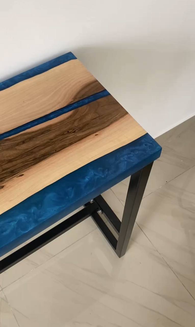 Walnut Console Table with Blue Epoxy River – Metal Base
