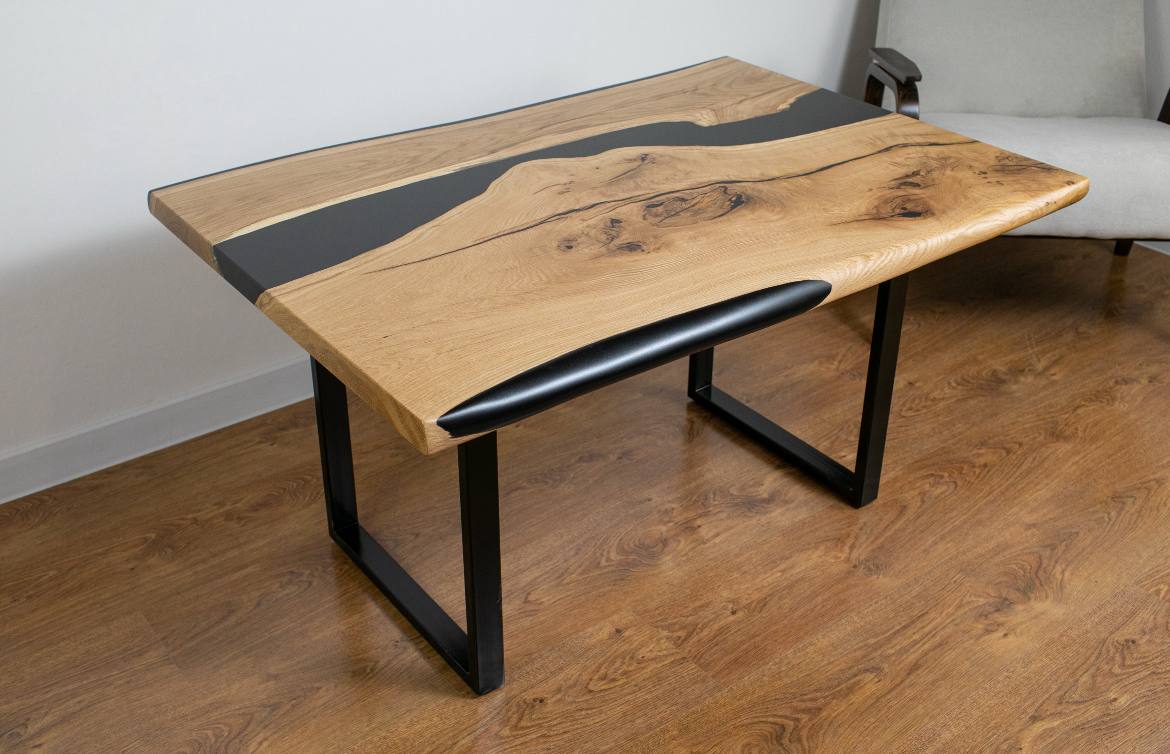 Coffee Table Oak with Black Epoxy Resin – Solid Wood River Table on Metal Legs