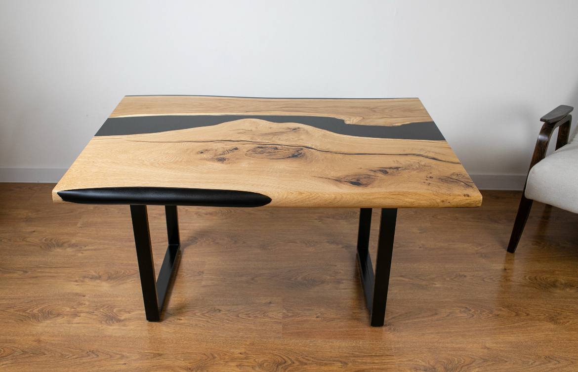 Coffee Table Oak with Black Epoxy Resin – Solid Wood River Table on Metal Legs