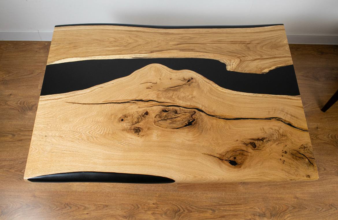 Coffee Table Oak with Black Epoxy Resin – Solid Wood River Table on Metal Legs