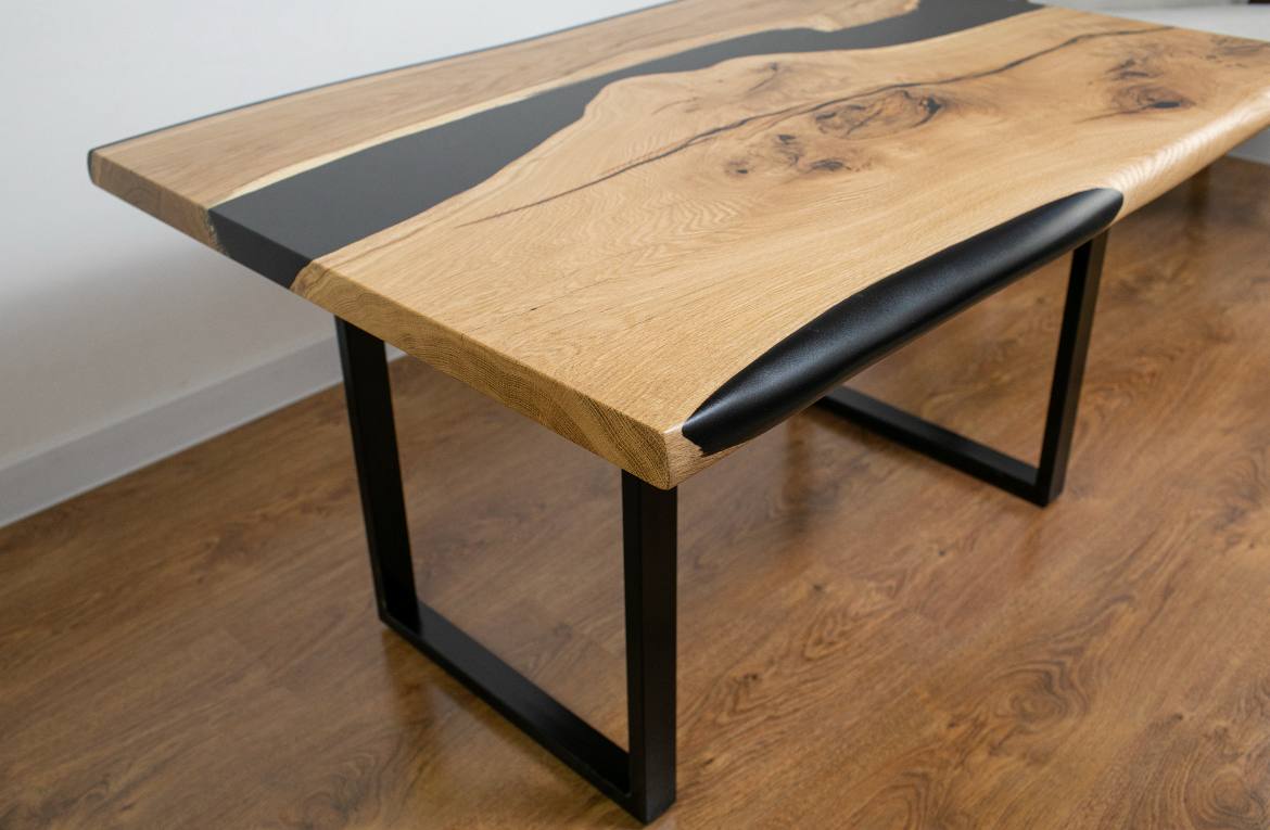 Coffee Table Oak with Black Epoxy Resin – Solid Wood River Table on Metal Legs