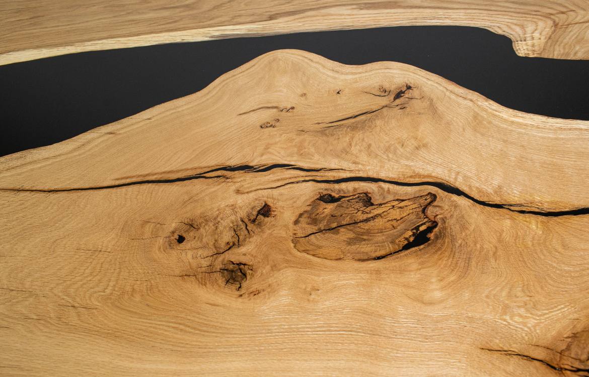 Coffee Table Oak with Black Epoxy Resin – Solid Wood River Table on Metal Legs