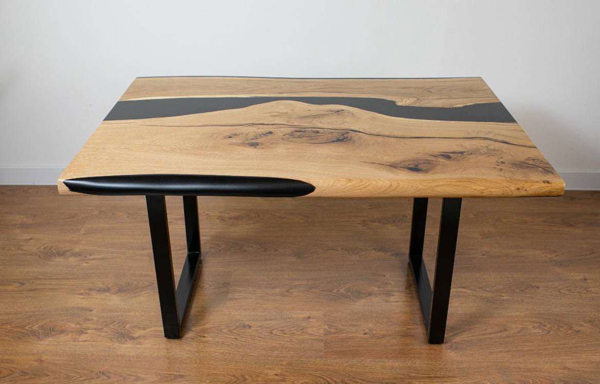 Coffee Table Oak with Black Epoxy Resin – Solid Wood River Table on Metal Legs
