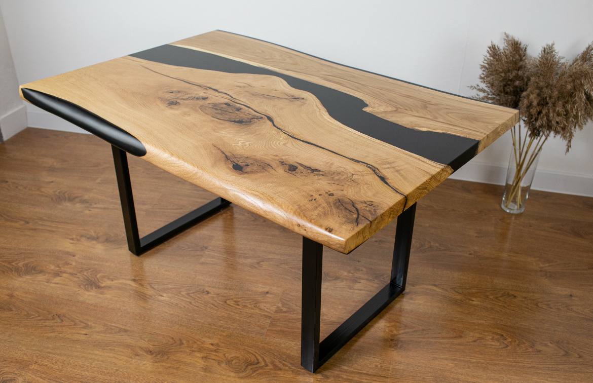 Coffee Table Oak with Black Epoxy Resin – Solid Wood River Table on Metal Legs