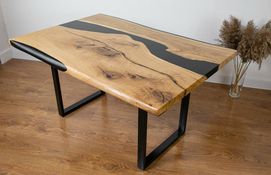Coffee Table Oak with Black Epoxy Resin – Solid Wood River Table on Metal Legs