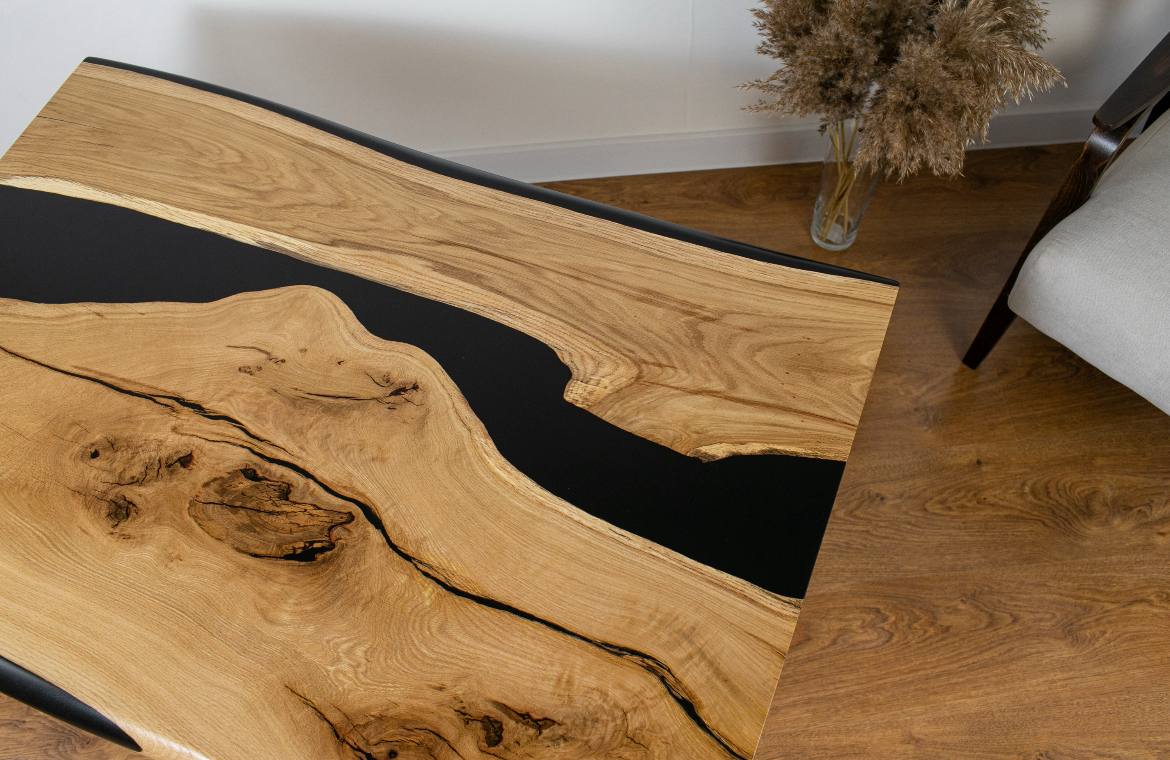 Coffee Table Oak with Black Epoxy Resin – Solid Wood River Table on Metal Legs