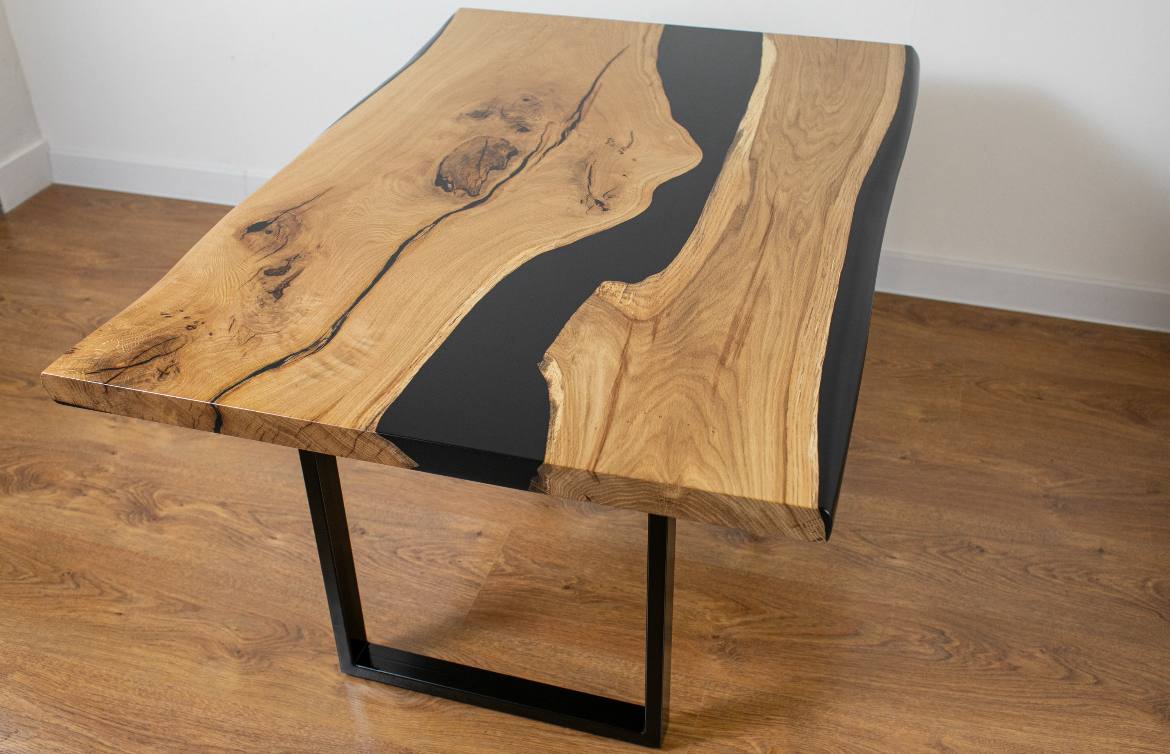 Coffee Table Oak with Black Epoxy Resin – Solid Wood River Table on Metal Legs