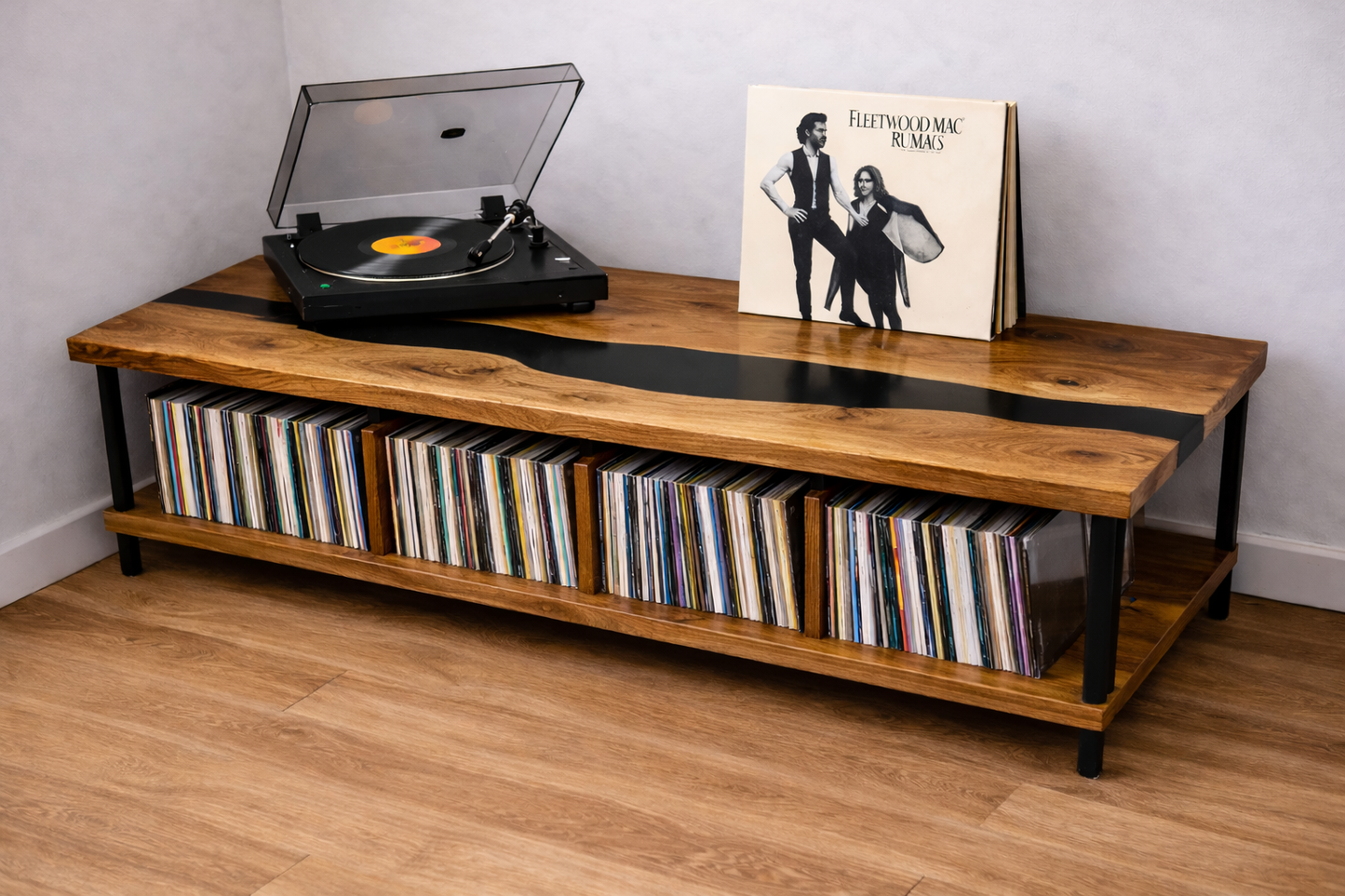 Oak Record Storage Console with Black Epoxy River Top – Turntable Stand & Vinyl LP Cabinet