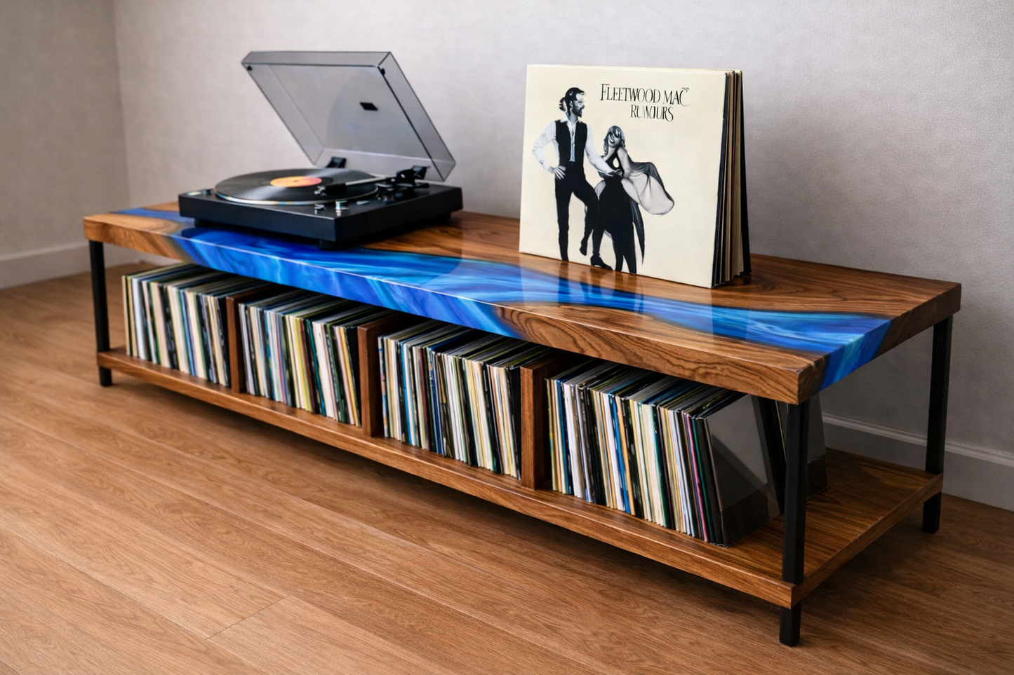 Walnut Record Storage Console with Epoxy River Top – Turntable Stand & Vinyl LP Cabinet