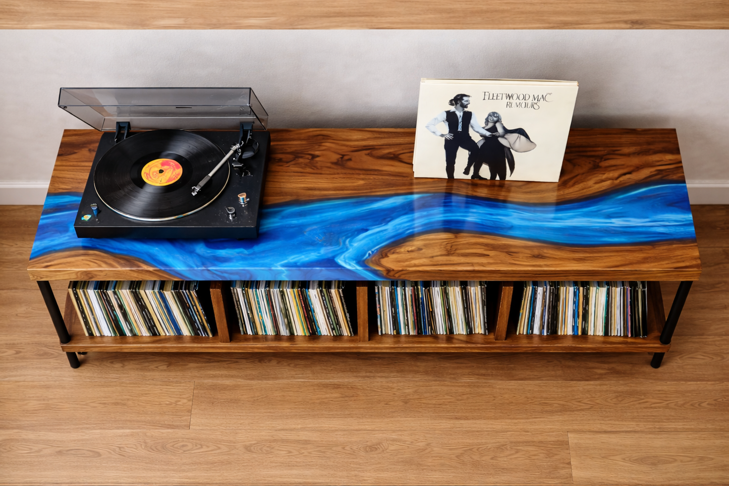 Walnut Record Storage Console with Epoxy River Top – Turntable Stand & Vinyl LP Cabinet