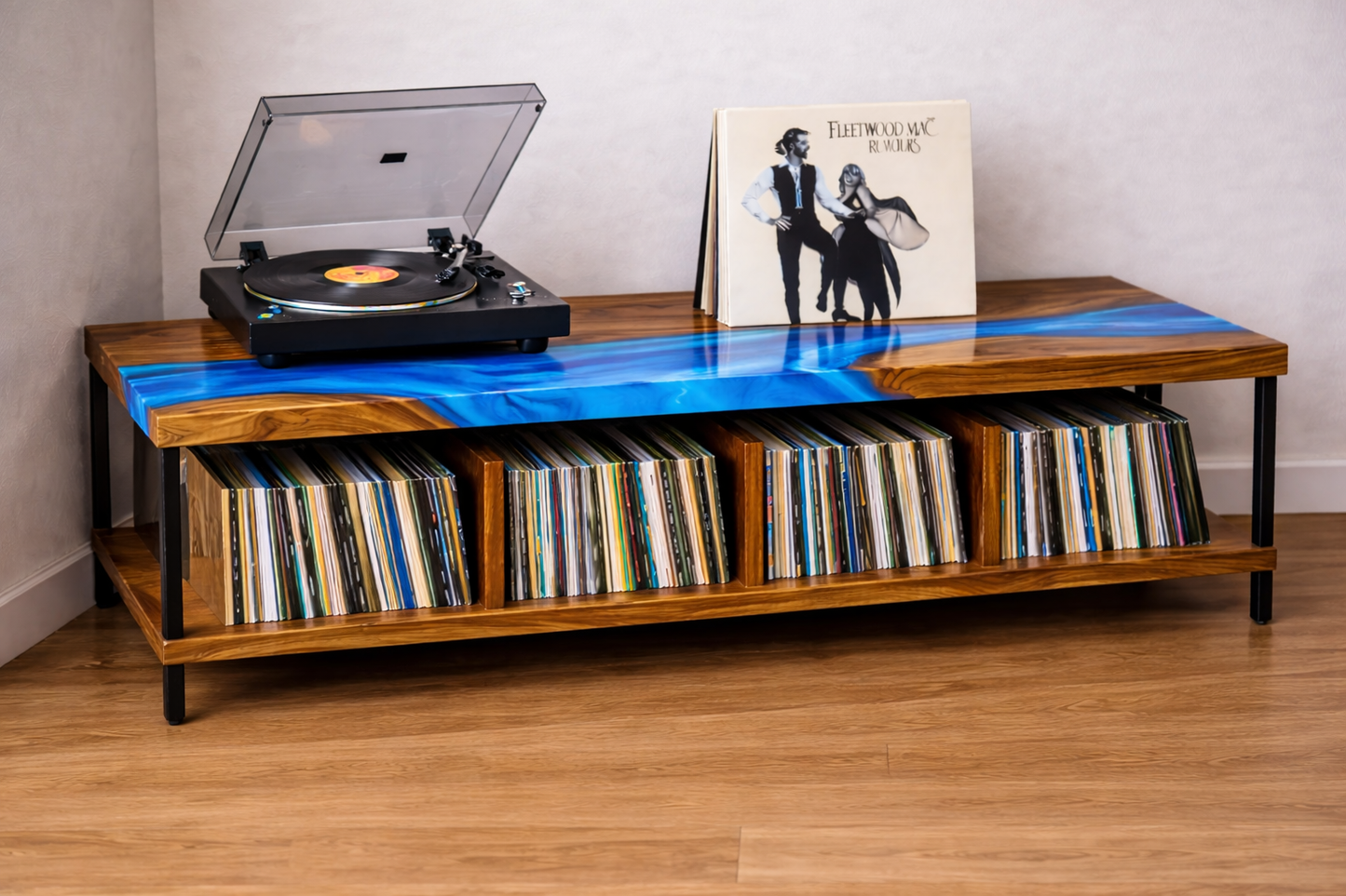 Walnut Record Storage Console with Epoxy River Top – Turntable Stand & Vinyl LP Cabinet