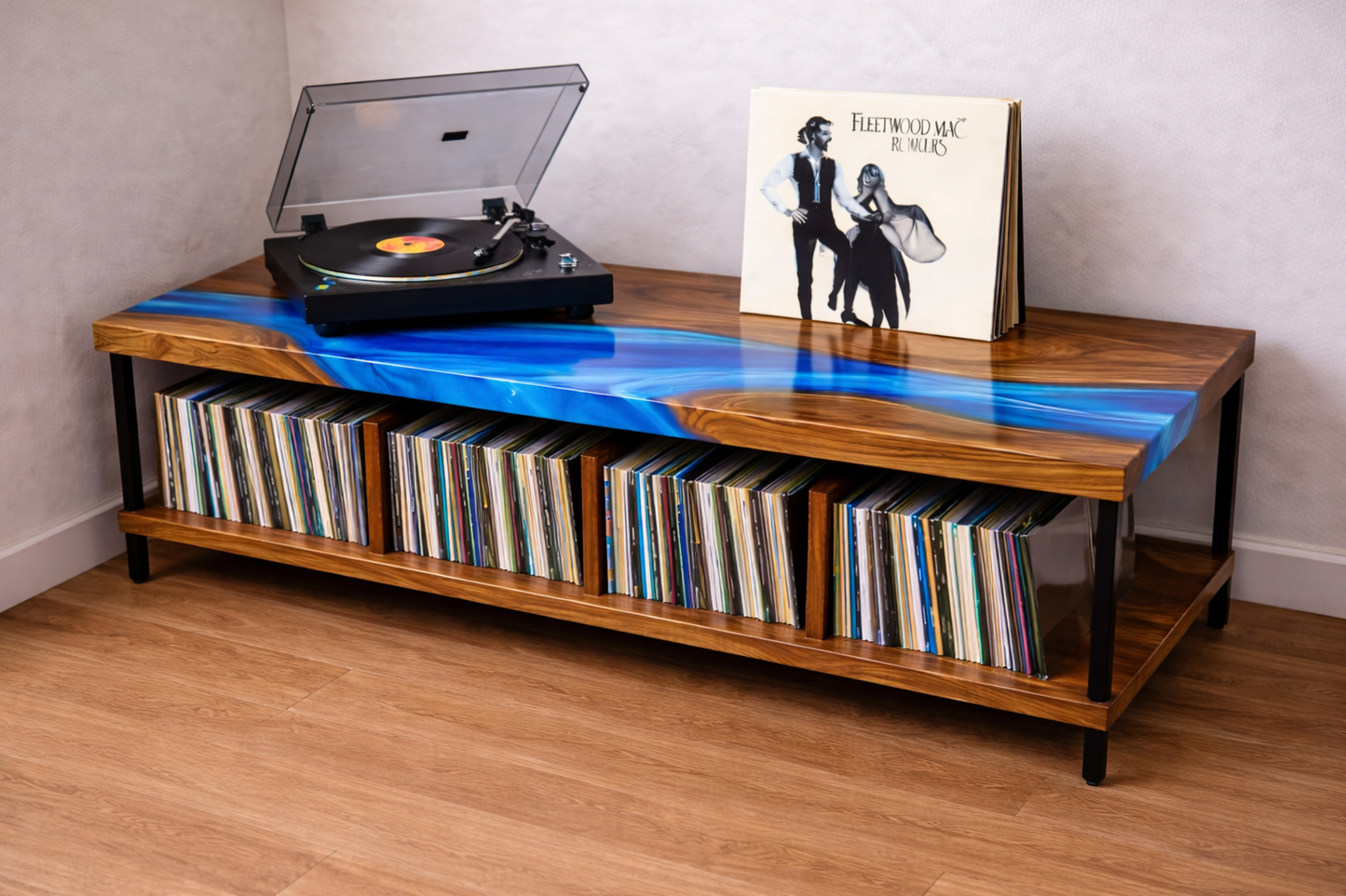 Walnut Record Storage Console with Epoxy River Top – Turntable Stand & Vinyl LP Cabinet