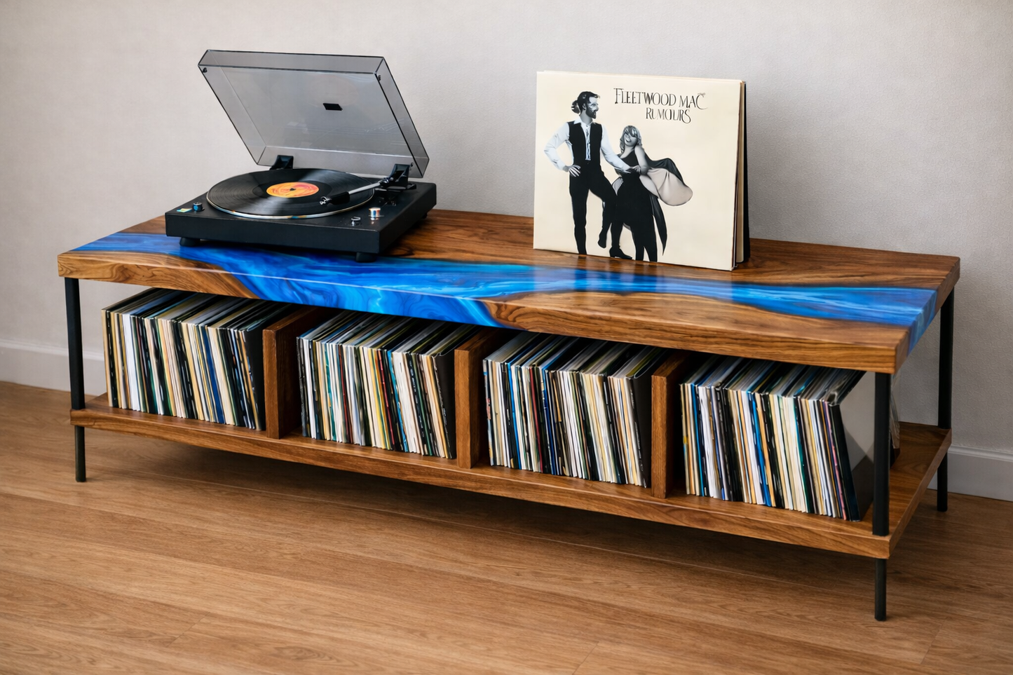 Walnut Record Storage Console with Epoxy River Top – Turntable Stand & Vinyl LP Cabinet