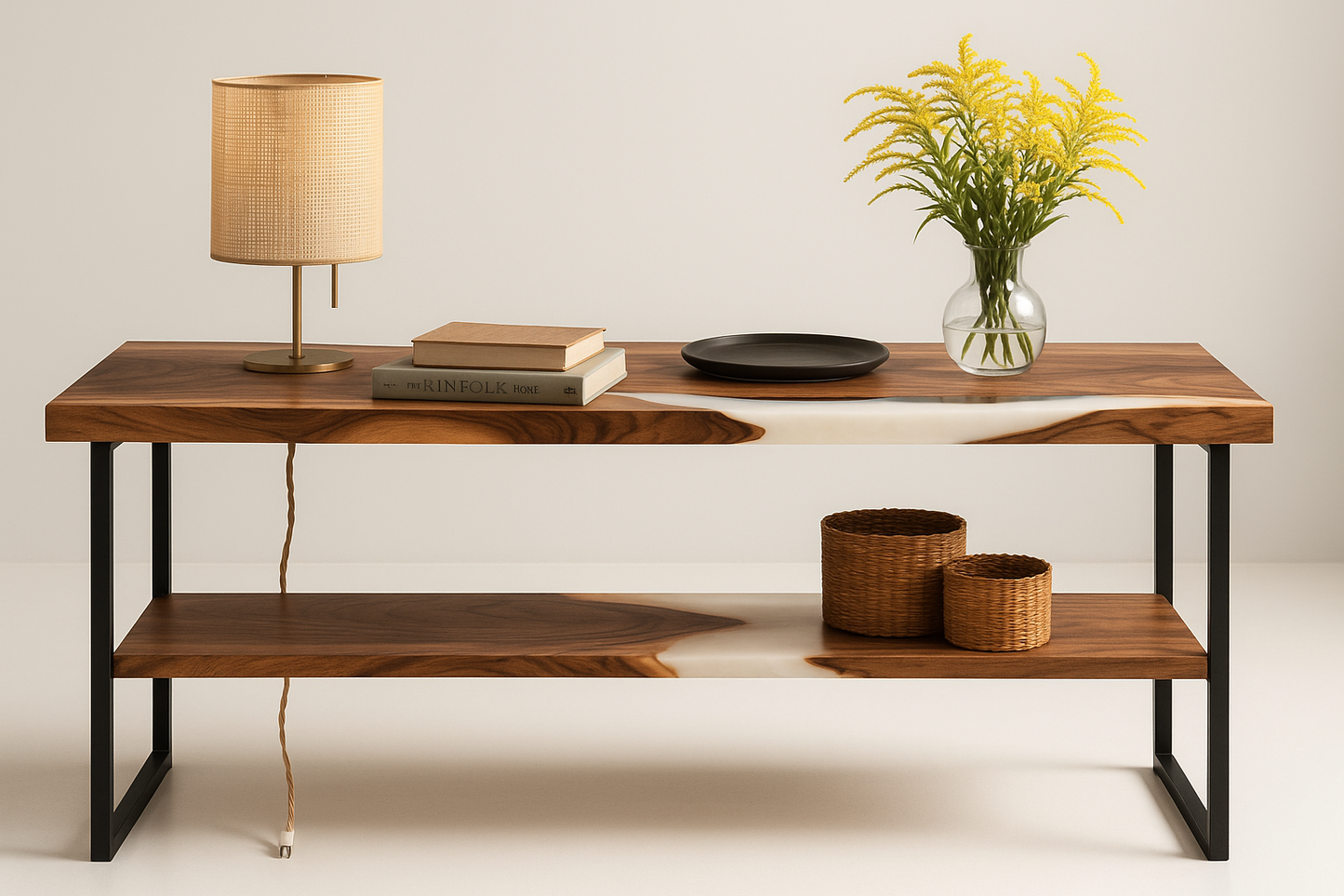 Walnut TV Stand with Epoxy River – Modern Media Console with Metal Legs and Shelf Storage