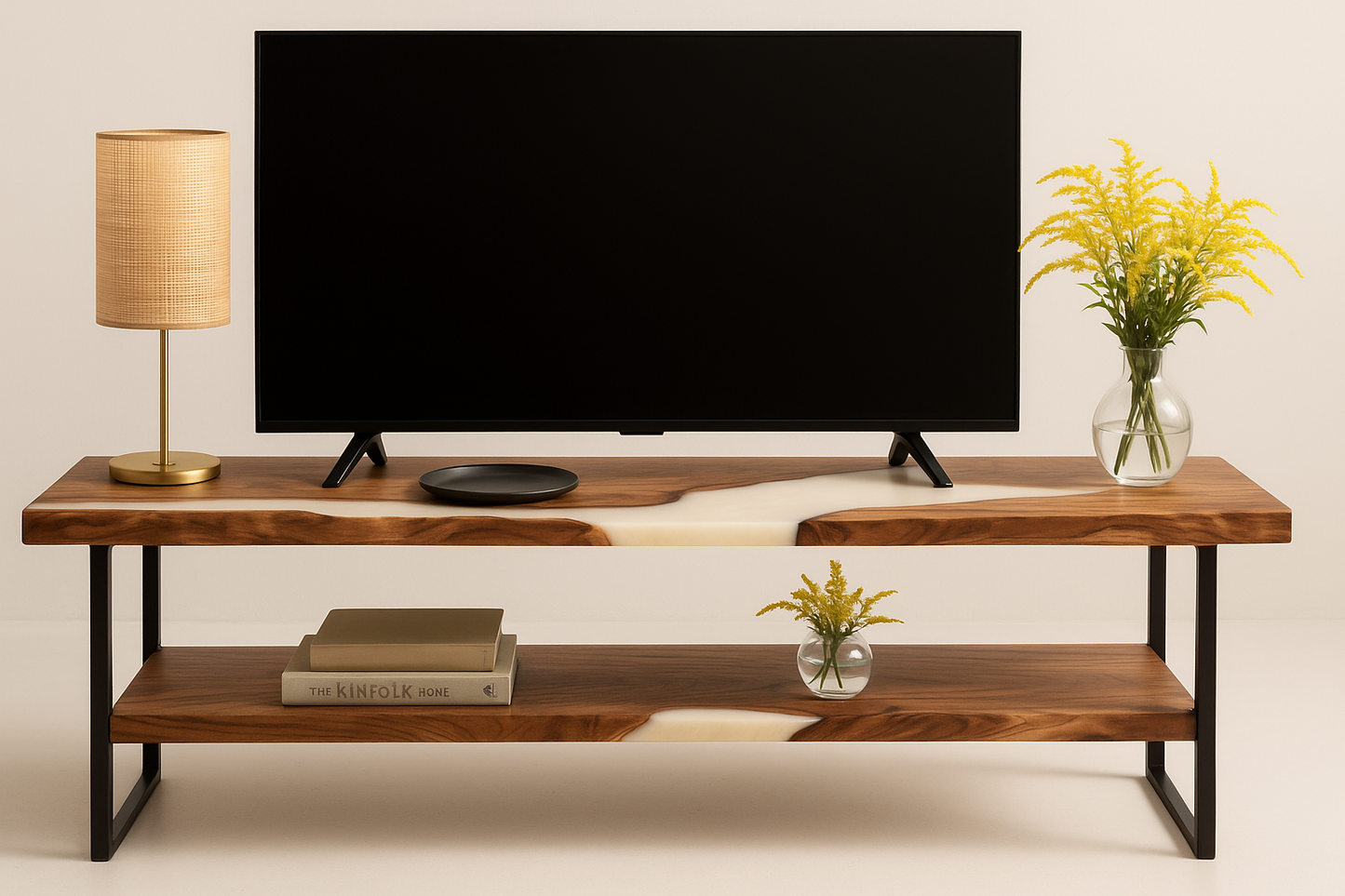 Walnut TV Stand with Epoxy River – Modern Media Console with Metal Legs and Shelf Storage