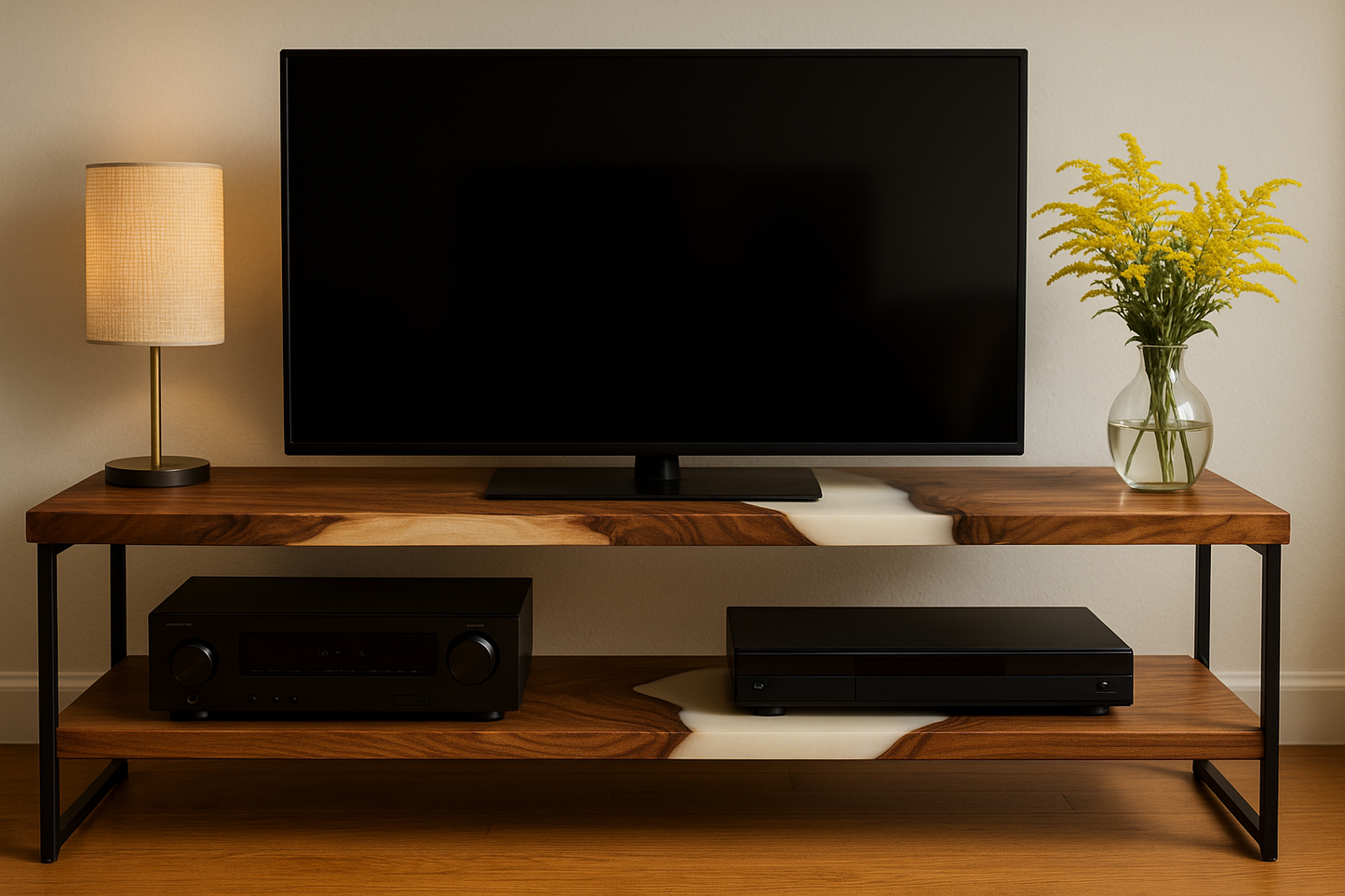 Walnut TV Stand with Epoxy River – Modern Media Console with Metal Legs and Shelf Storage
