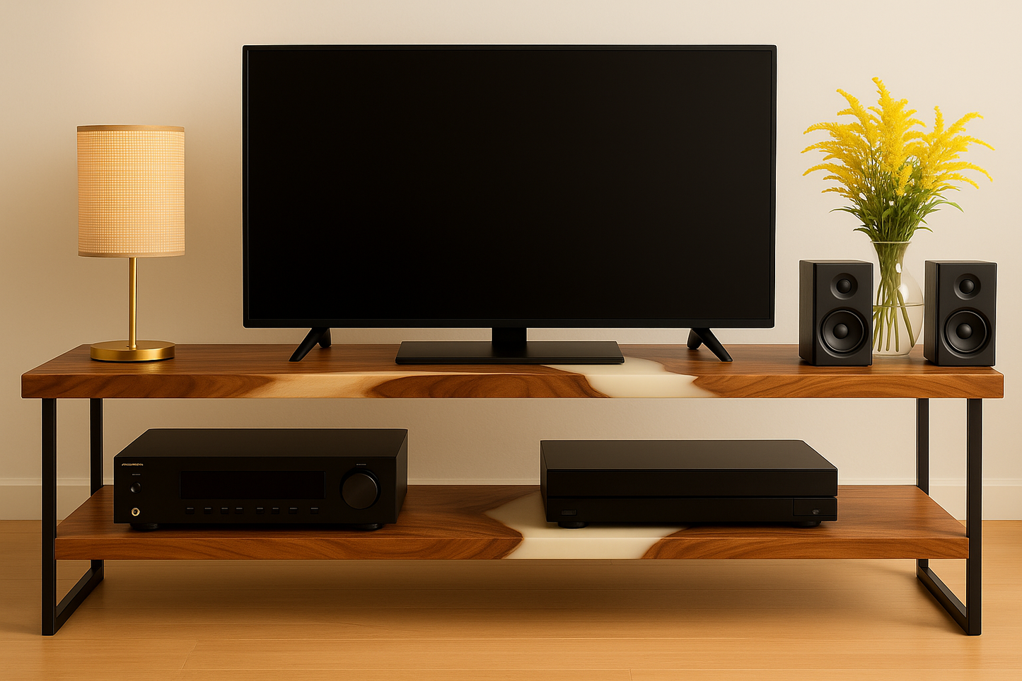 Walnut TV Stand with Epoxy River – Modern Media Console with Metal Legs and Shelf Storage