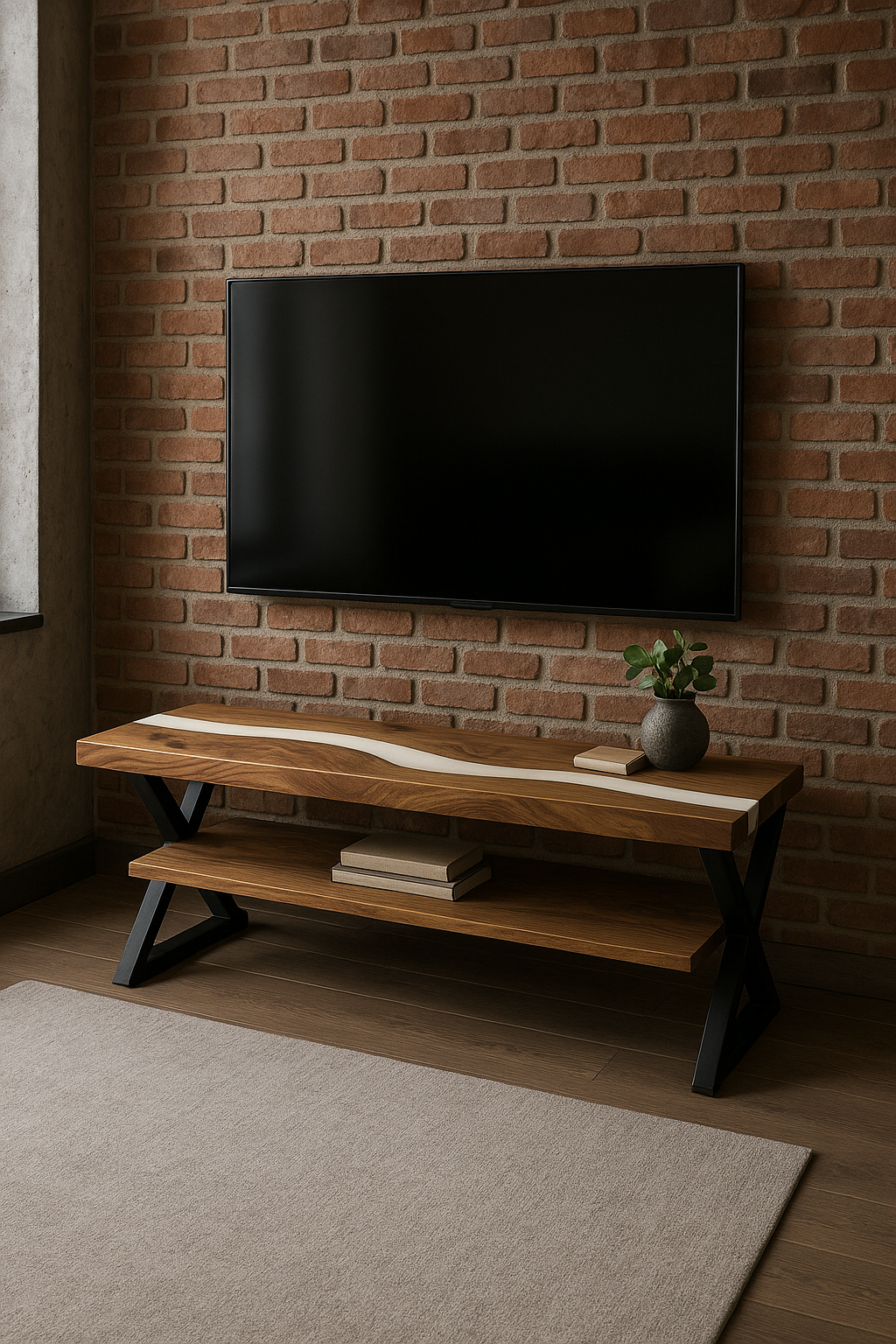 Walnut TV Stand with Epoxy River – Modern Media Console with Metal Legs and Shelf Storage