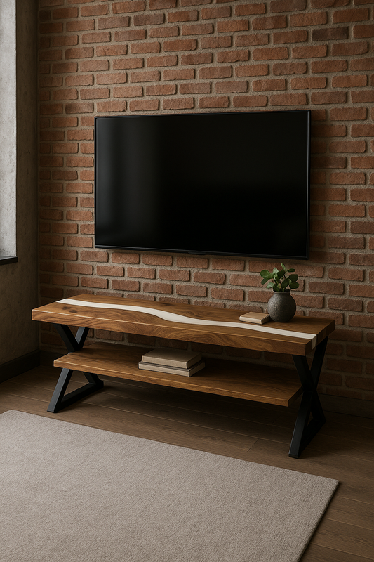 Walnut TV Stand with Epoxy River – Modern Media Console with Metal Legs and Shelf Storage